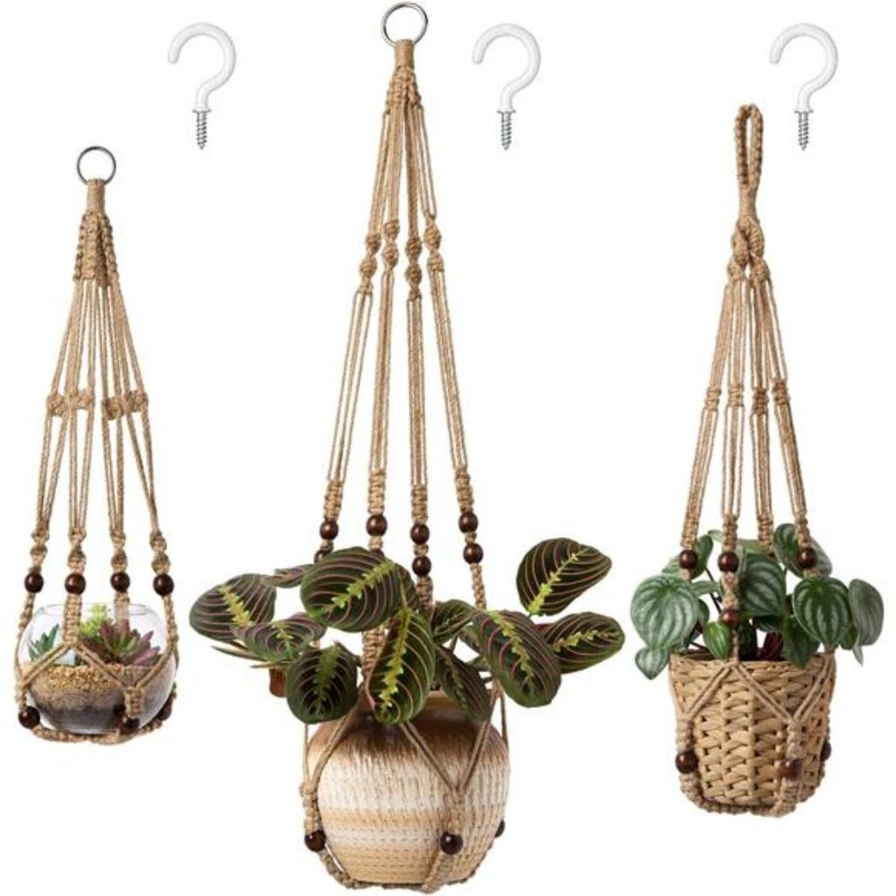 3 Pack Macrame Plant Hangers Indoor Different Size Hanging Planter Basket